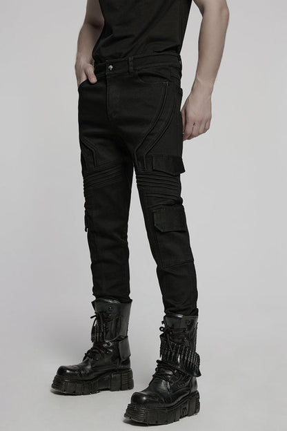 Black Multi-pocket Pleated Men's Punk Denim Pants
