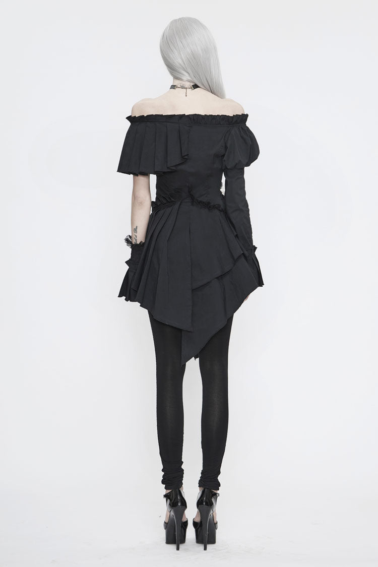 Black Off Shoulder Front Chest Frill Irregular Hem Women's Gothic Blouse