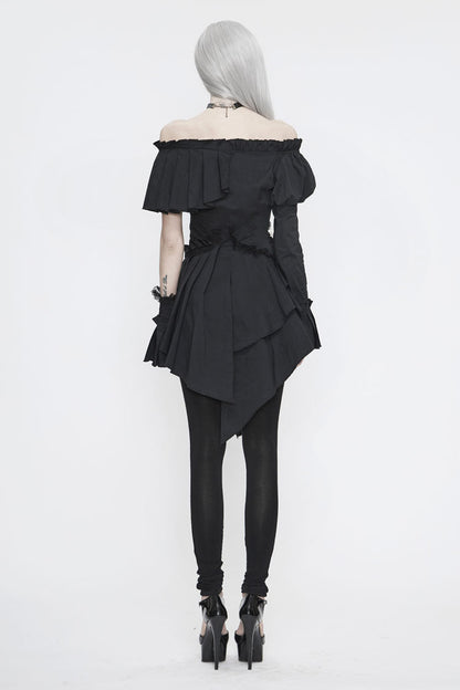 Black Off Shoulder Front Chest Frill Irregular Hem Women's Gothic Blouse