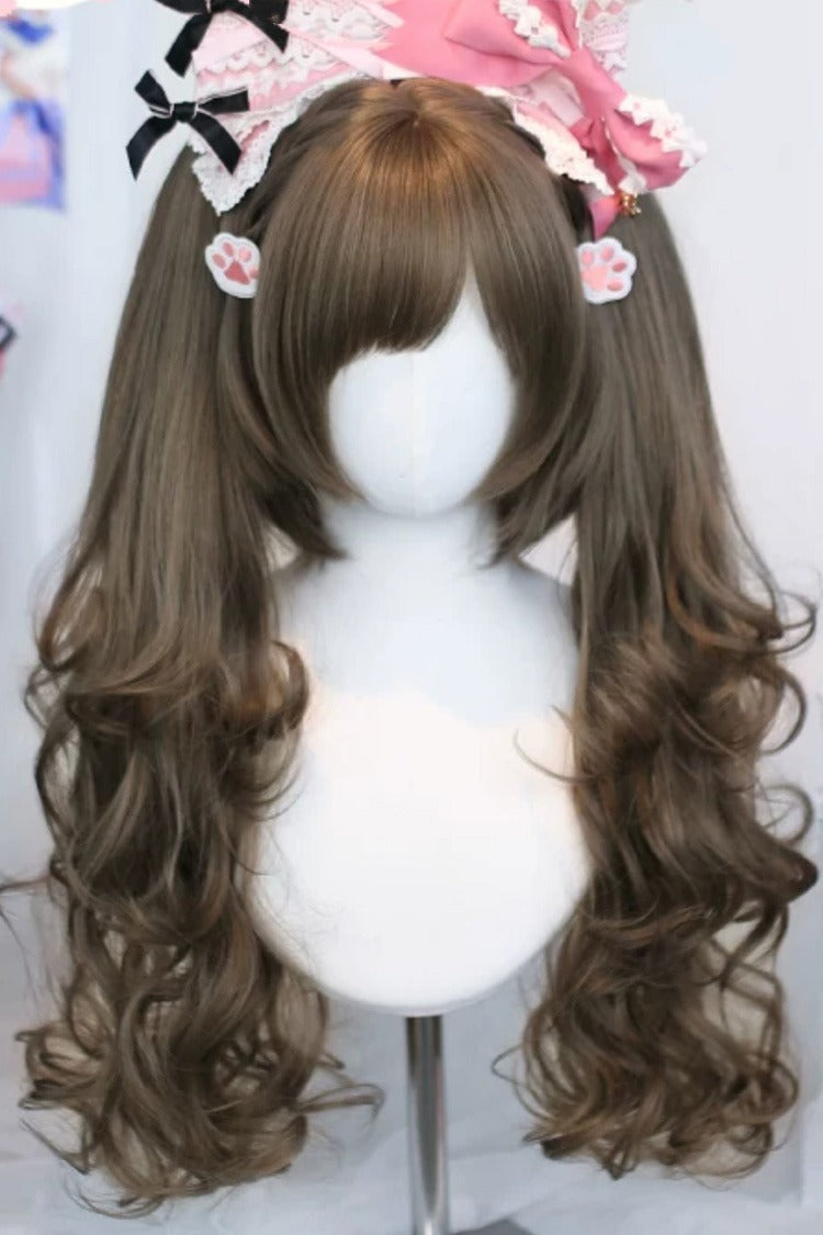 Ash Brown Side-Swept Bangs Sweet Lolita Twin Pigtails Wig Set