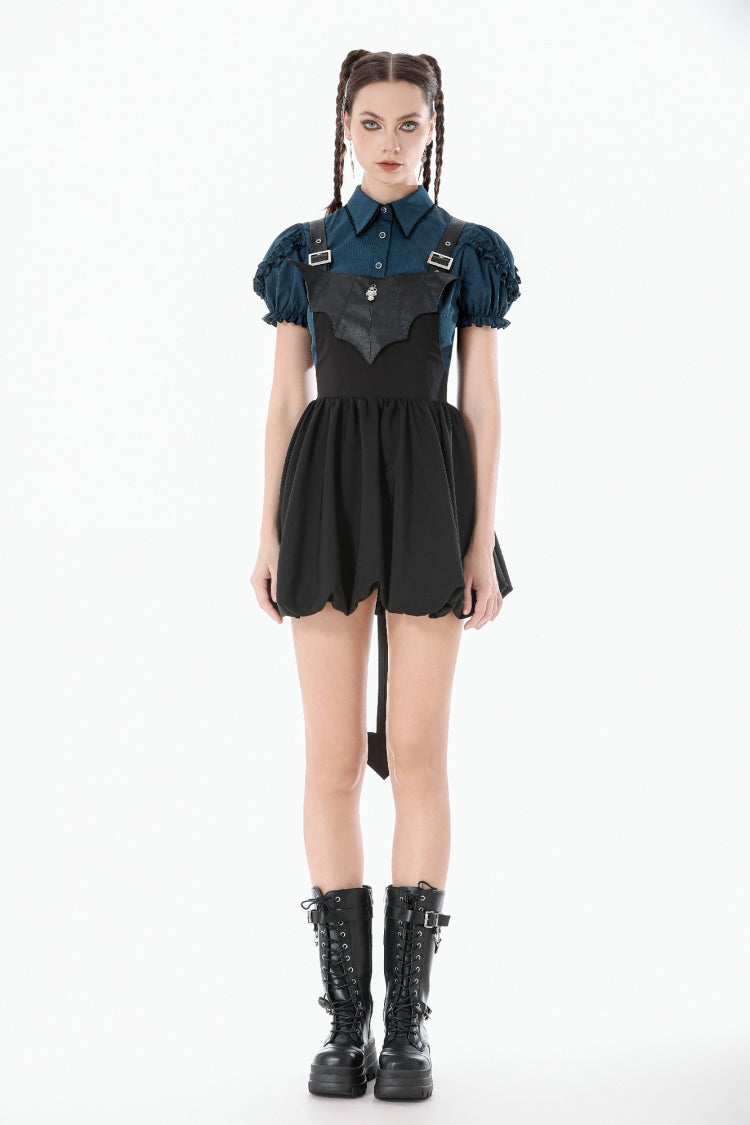 Black Bat Wing Buckled Women's Gothic Suspender Dress Graduation Dress with Tail