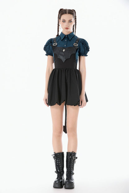 Black Bat Wing Buckled Women's Gothic Suspender Dress Graduation Dress with Tail