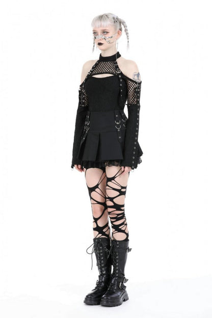 Black Off Shoulder Long Sleeves Cut-Out Spliced Mesh Women's Punk Top