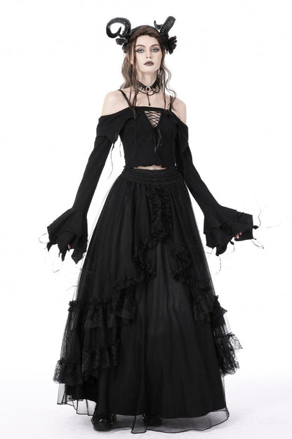 Black Off Shoulder Long Trumpet Sleeves Lace-Up Women's Gothic Sexy Crop Top