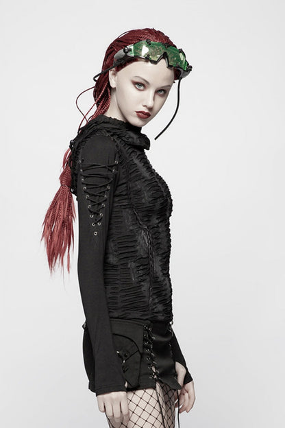 Black Long Sleeves Slim Hooded Ripped Women's Steampunk T-Shirt