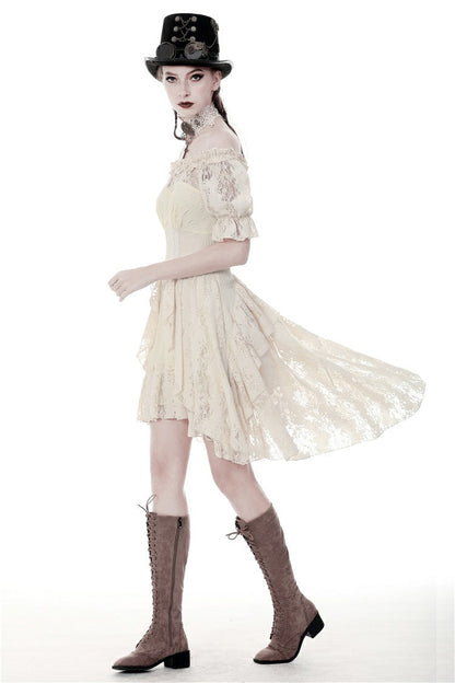 Beige Ruffled Off Shoulder Short Sleeves Ruched Women's Steampunk Vintage Gorgeous Graduation Dress