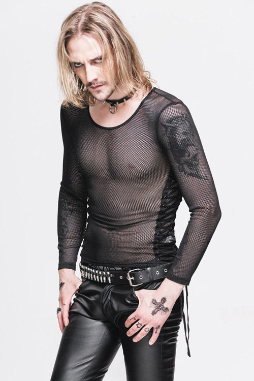 Black Diamond Shaped Mesh Round Neck Long Sleeves Mens Punk T-Shirt