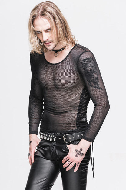 Black Diamond Shaped Mesh Round Neck Long Sleeves Mens Punk T-Shirt