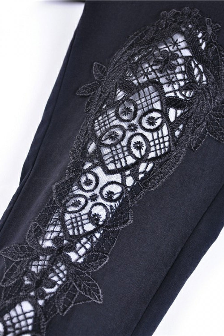 Black Floral Cut-Out Lace-Up Women's Gothic Leggings