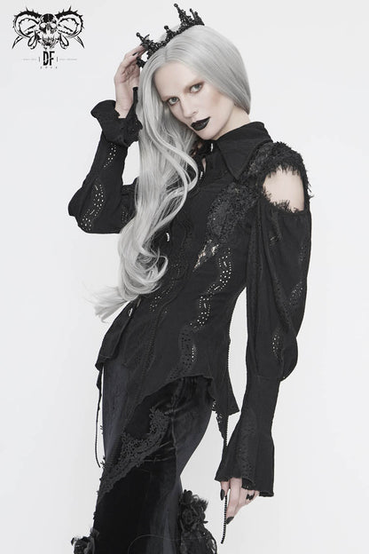 Black Front Chest Webbing Appliques Hollow-Out Lantern Sleeve Flare Cuff Back Waist Lace Up Women's Gothic Blouse