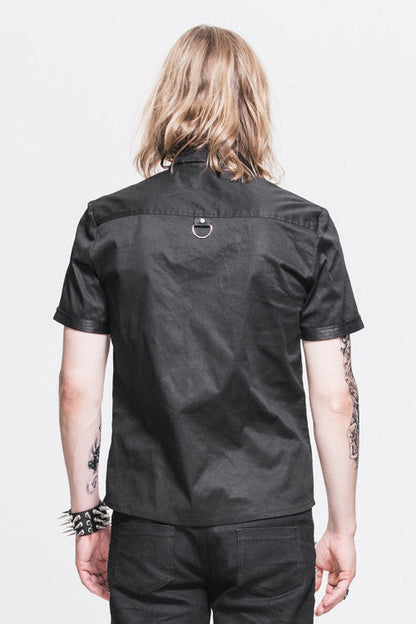 Black Locomotive Lapel Collar Short Sleeves Cotton Mens Punk Blouse