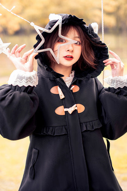 Black Cat Tail Long Sleeves Ruffle Bowknot Hooded Sweet Lolita Coat