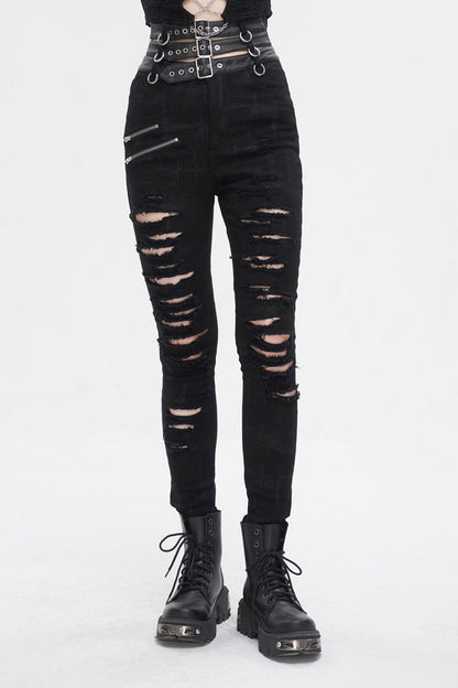 Black High Waisted Loophole Ripped Buckle Women's Punk Pants