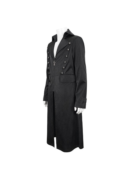 Black Lapel Collar Double Breasted Metal Cross Zip Men's Gothic Long Coat