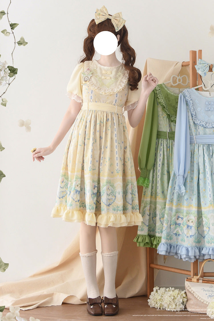Beige [Lily of the Valley Cat] Print Ruffle Embroidery Bowknot Sweet Lolita Dress