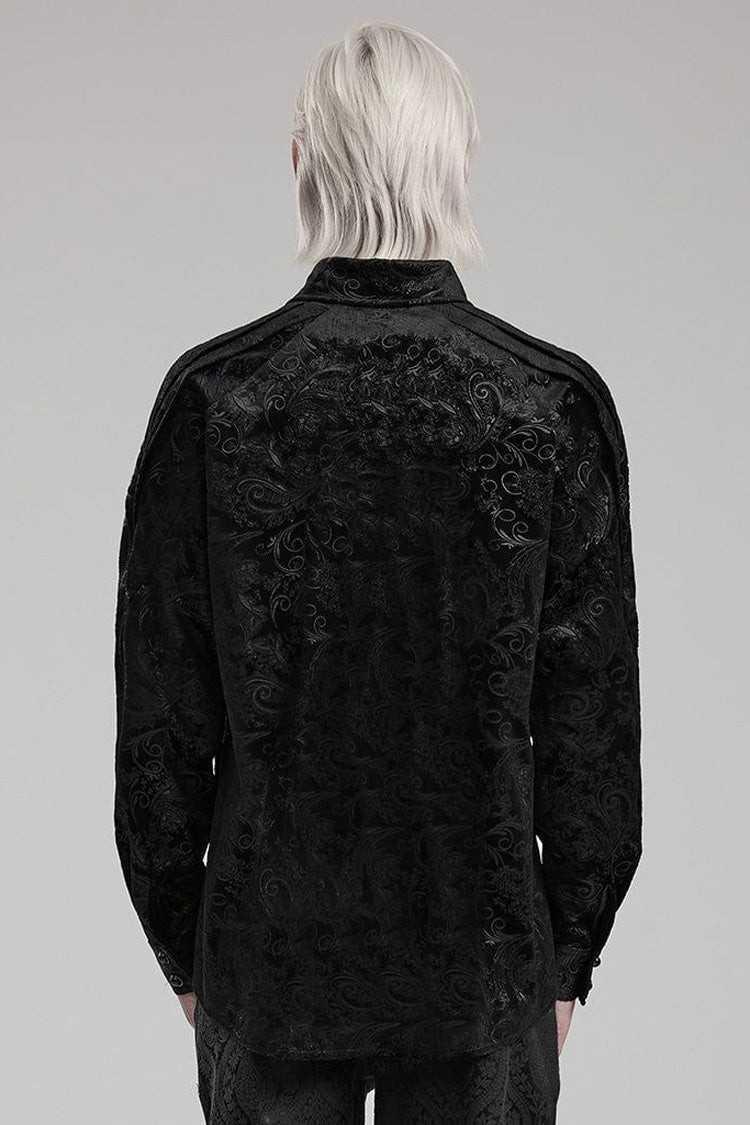Black Long Sleeves Dark Pattern Print Webbing Decoration Mens Gothic Blouse