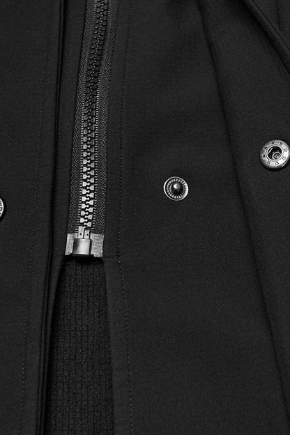 Black Lapel Collar Long Sleeves Hooded Zippered Eyelet Men's Gothic Coat