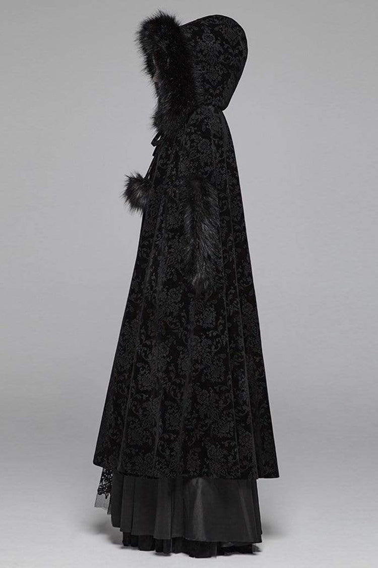 Black Fur Hood Front Fuzzy Ball Bandage Long Women's Gothic Cloak