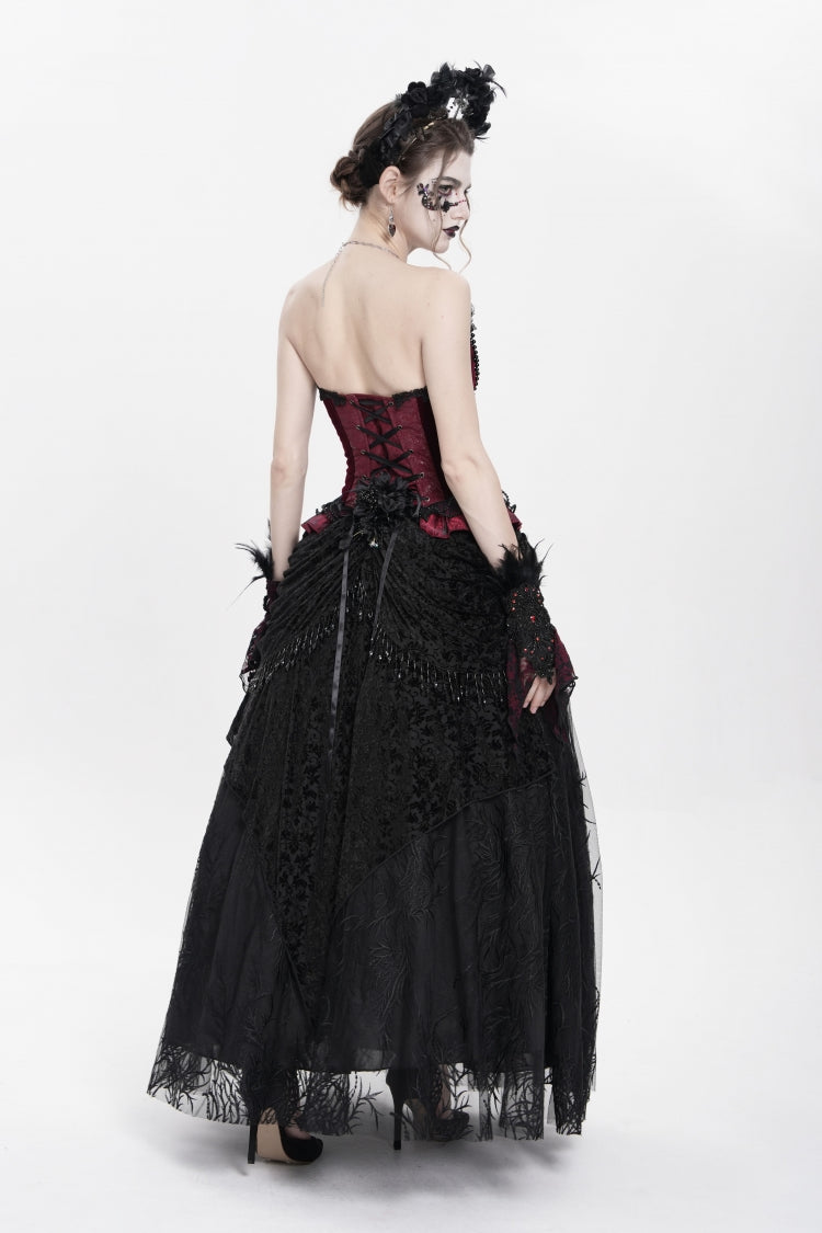Black Floral Embroidered Beaded Women's Gothic Long Skirt