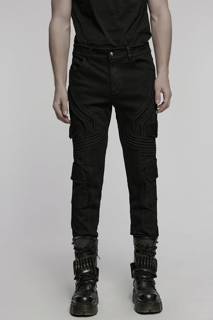 Black Multi-pocket Pleated Men's Punk Denim Pants