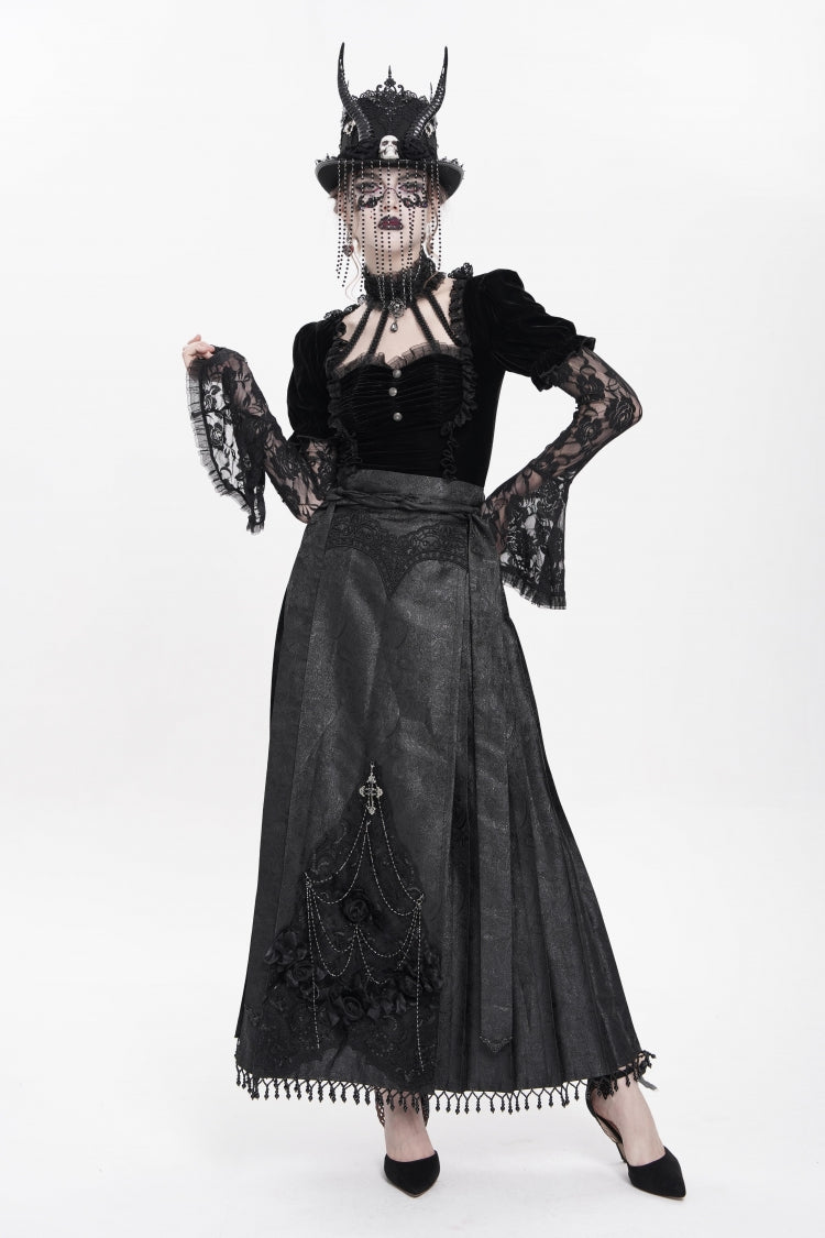 Black Floral Cross Embroidery Chain Women's Gothic Horse-face Long Skirt