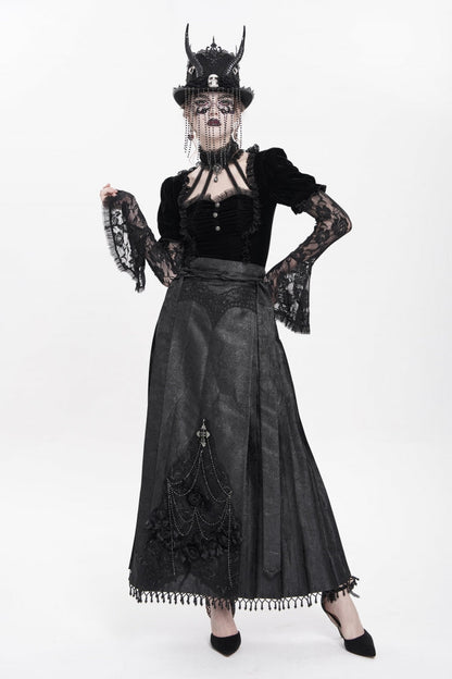 Black Floral Cross Embroidery Chain Women's Gothic Horse-face Long Skirt