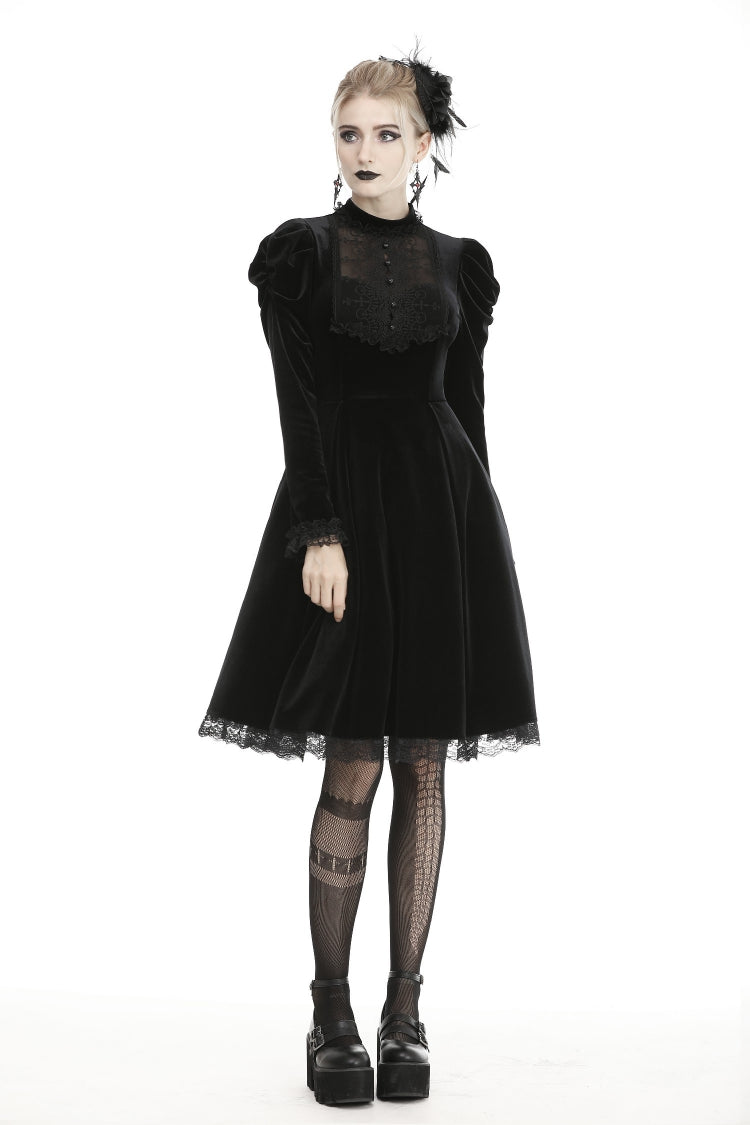 Black Lace Long Puff Sleeves Women's Gothic Velet Dress