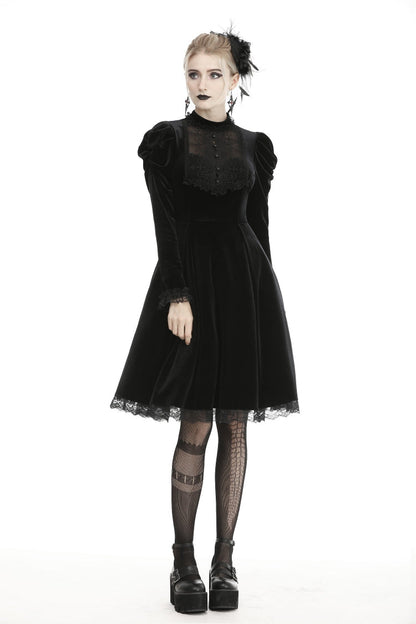 Black Lace Long Puff Sleeves Women's Gothic Velet Dress