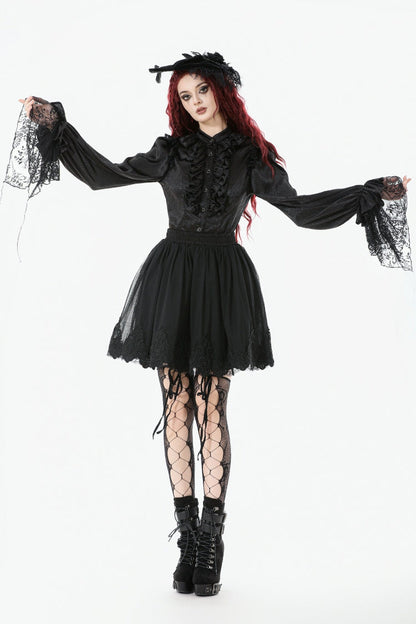 Black Long Lantern Sleeves Ruffled Spliced Lace Women's Gothic Blouse