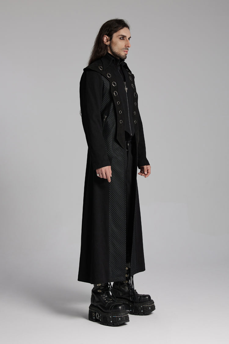 Black Metal Ring Zipper Long Sleeves Men's Punk Long Jacket
