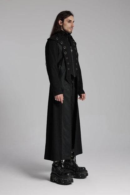 Black Metal Ring Zipper Long Sleeves Men's Punk Long Jacket