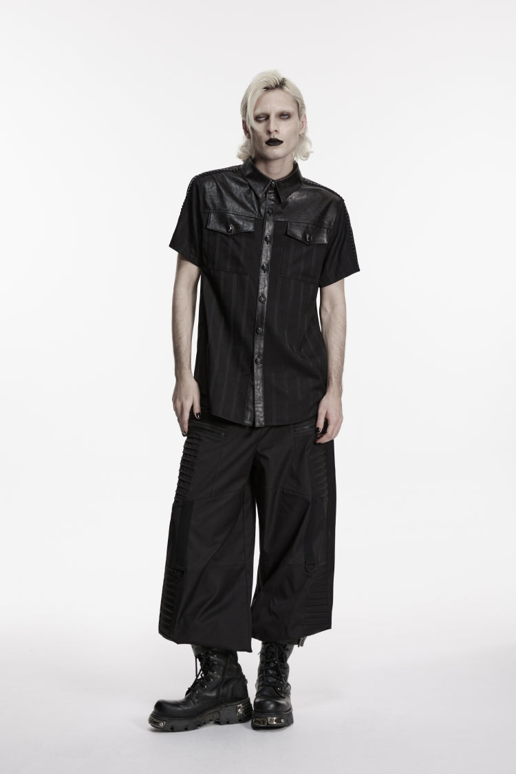 Black Lapel Collar Short Sleeves Spliced Men's Punk Shirt