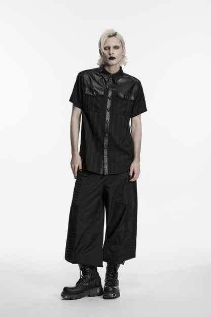 Black Lapel Collar Short Sleeves Spliced Men's Punk Shirt