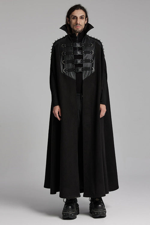 Black High Collar Faux Leather Stitching Mesh Rivet Buckle Women's Punk Cloak