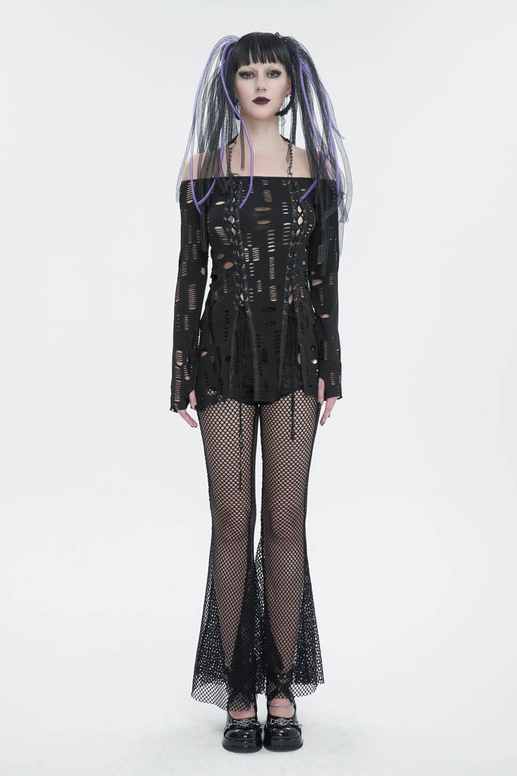 Black Elastic Ripped One Shoulder Rope Style Halter Neck Long Sleeves Women's Gothic T-Shirt