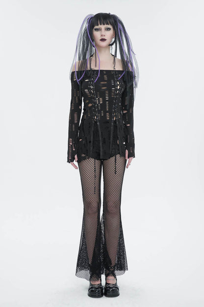 Black Elastic Ripped One Shoulder Rope Style Halter Neck Long Sleeves Women's Gothic T-Shirt