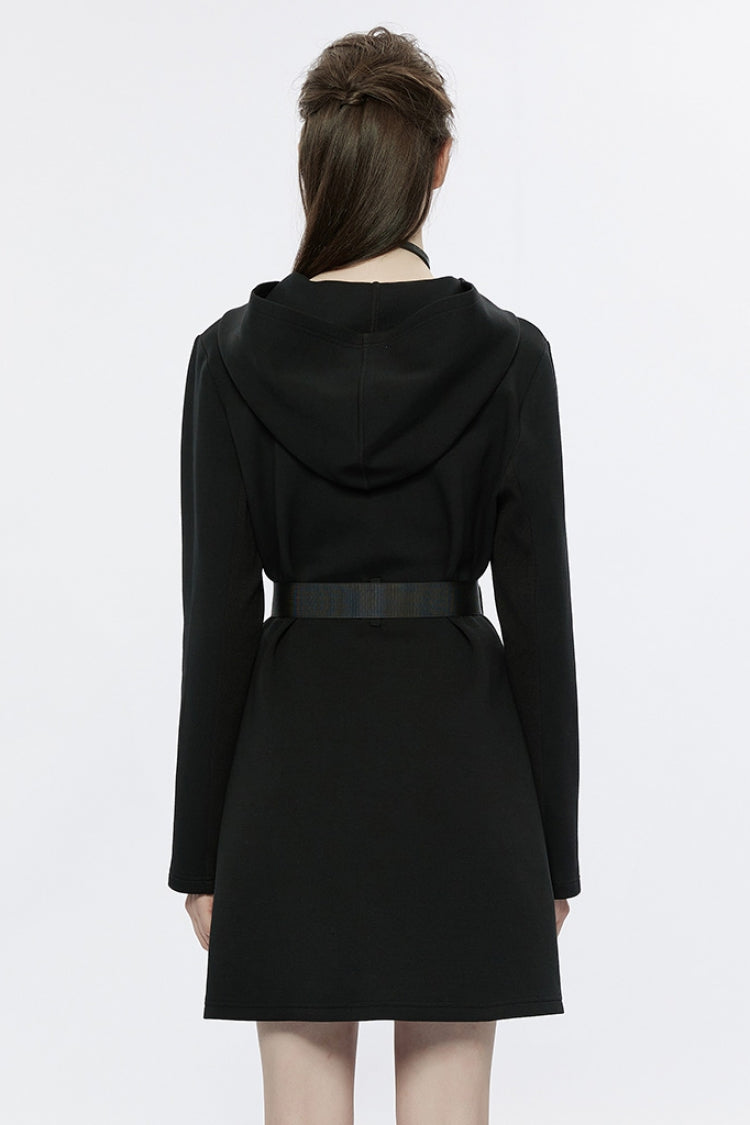 Black Long Sleeves Buckle Belt Hooded Women's Punk Dress