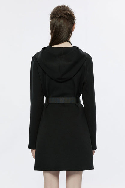 Black Long Sleeves Buckle Belt Hooded Women's Punk Dress