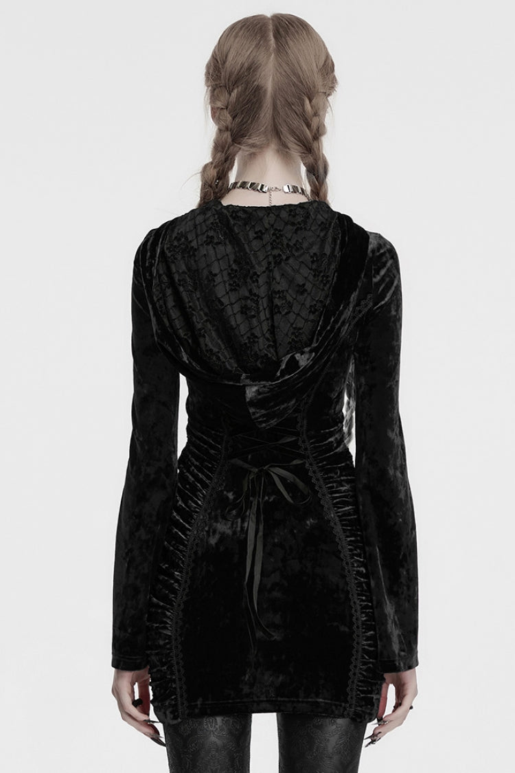 Black Long Sleeves Hollow Cross Stitching Lace Hooded Women's Gothic Dress