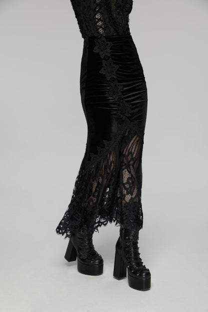 Black Embroidered Lace Slim Women's Gothic Fishtail Velvet Skirt