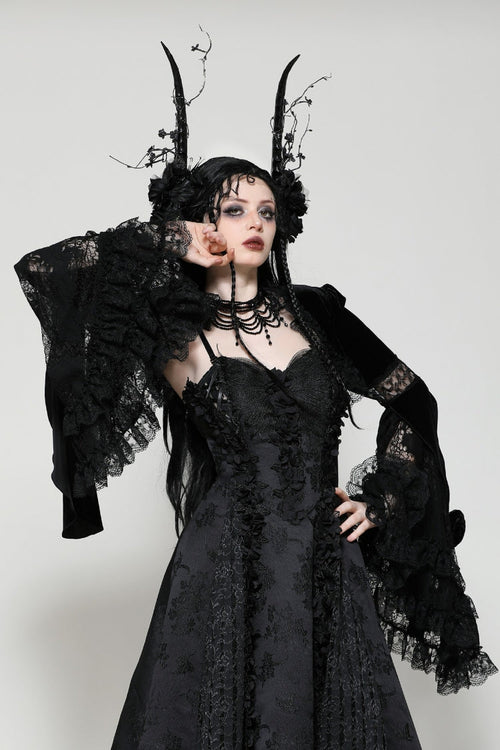 Black Long Puff Flared Sleeves Ruffled Lace Spliced Velvet Women's Gothic Cape