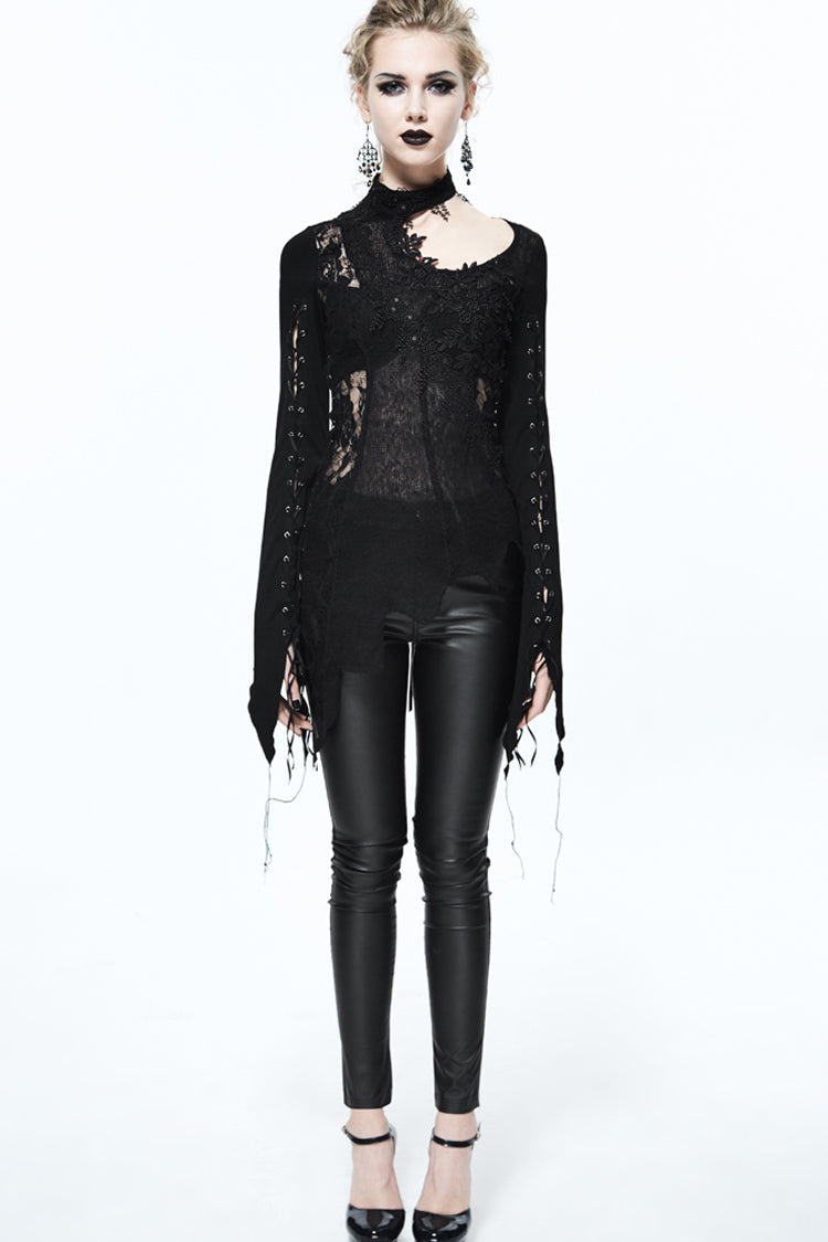 Black Asymmetric Lace Woolen Splice Rose Mesh Chest Hollow Applique Hem Women's Gothic Sweater