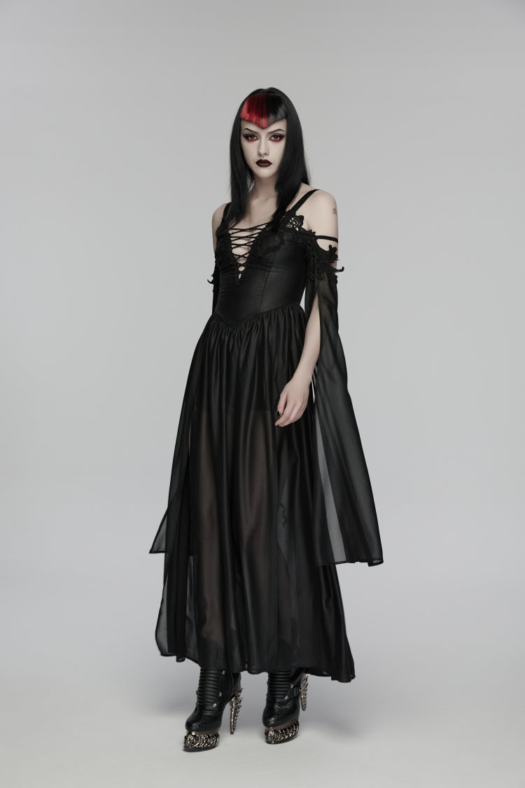 Black Off Shoulder Long Sleeves Embroidered Lace-Up Women's Gothic Elegant Dress Wedding Dress