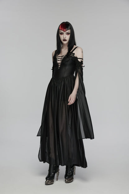 Black Off Shoulder Long Sleeves Embroidered Lace-Up Women's Gothic Elegant Dress Wedding Dress