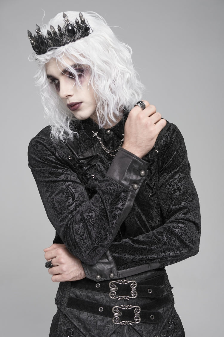 Black Lapel Collar Long Sleeves Print Embroidery Lace-Up Men's Gothic Blouse