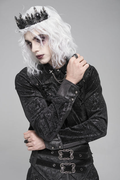 Black Lapel Collar Long Sleeves Print Embroidery Lace-Up Men's Gothic Blouse