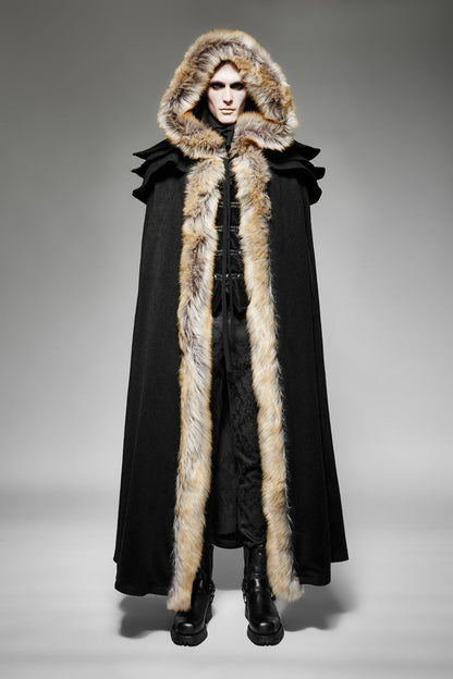 Black Hooded Fur Collar Wool Long Mens Gothic Coat Cloak