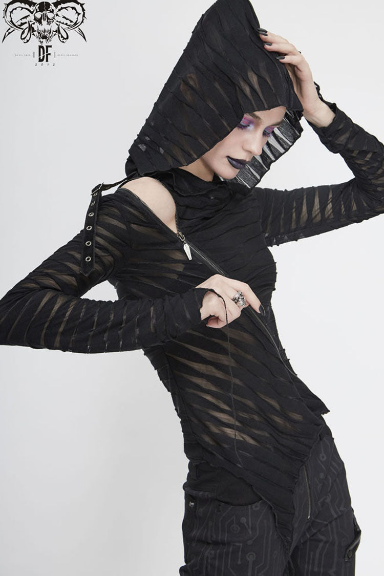 Black Hooded Three-Dimensional Twisted Knitted Inclined Zipper Irregular Hem Women's Punk Shirt