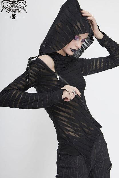 Black Hooded Three-Dimensional Twisted Knitted Inclined Zipper Irregular Hem Women's Punk Shirt