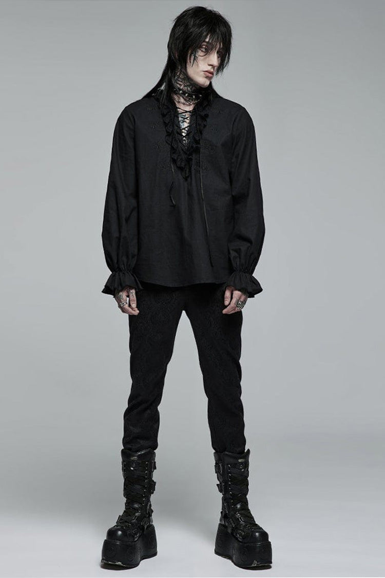 Black Gothic Pure Cotton No Elasticity Neckline Pleats Lace Ruffle Embroidery Tie Rope Design Men's Shirt